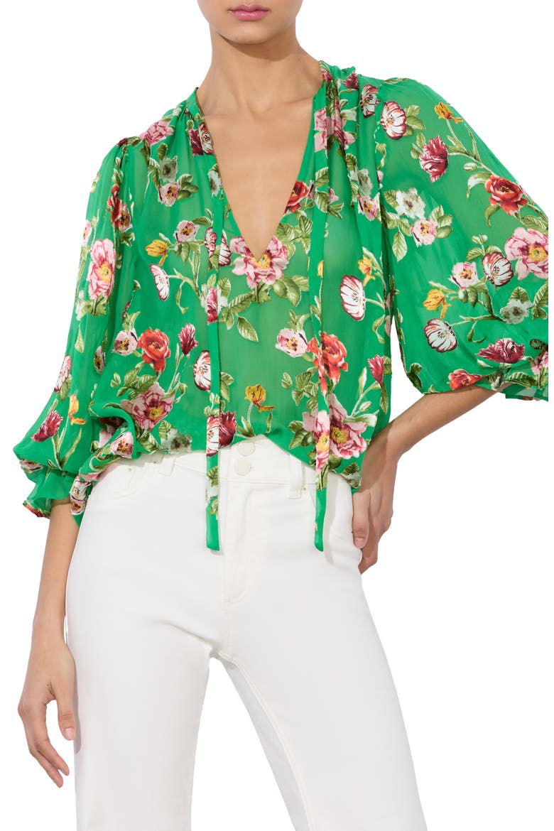 Moranne Floral Print Tie Neck Top, Main, color, HAMPTONS FLORAL SMALL