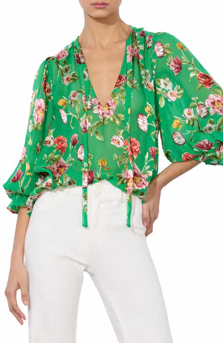 Alice + Olivia Moranne Floral Print Tie Neck Top