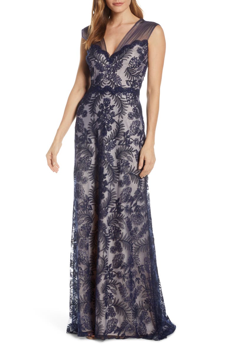 Embroidered Lace Evening Gown, Main, color, NAVY/ PETAL