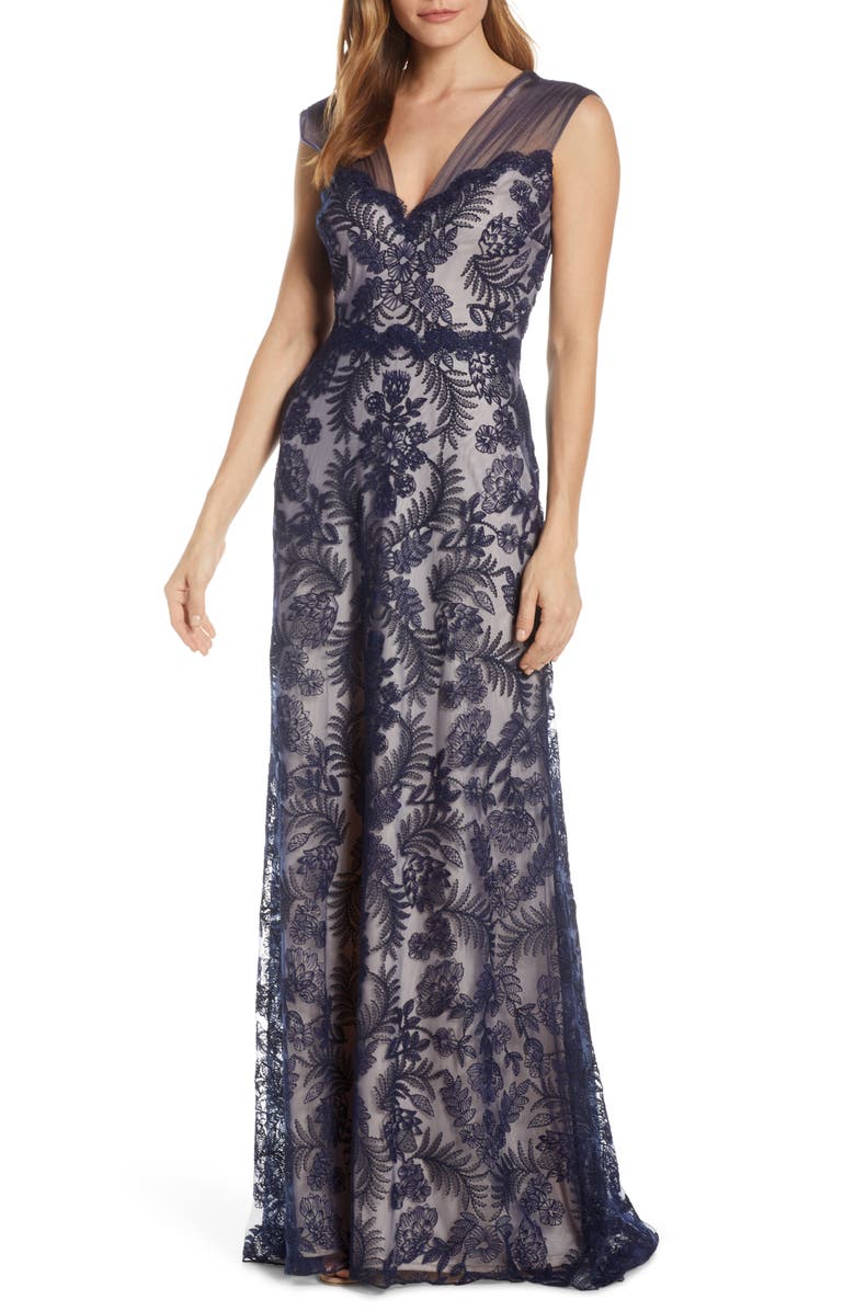 Tadashi Shoji Embroidered Lace Evening Gown, Main, color,