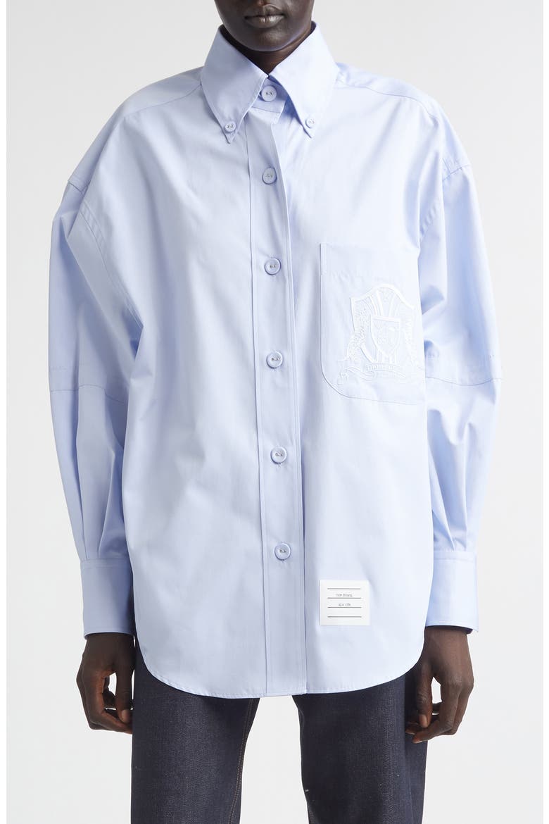 Crest Embroidered Oversize Cotton Poplin Button-Down Shirt, Main, color, LIGHT BLUE
