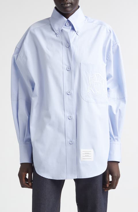 Crest Embroidered Oversize Cotton Poplin Button-Down Shirt