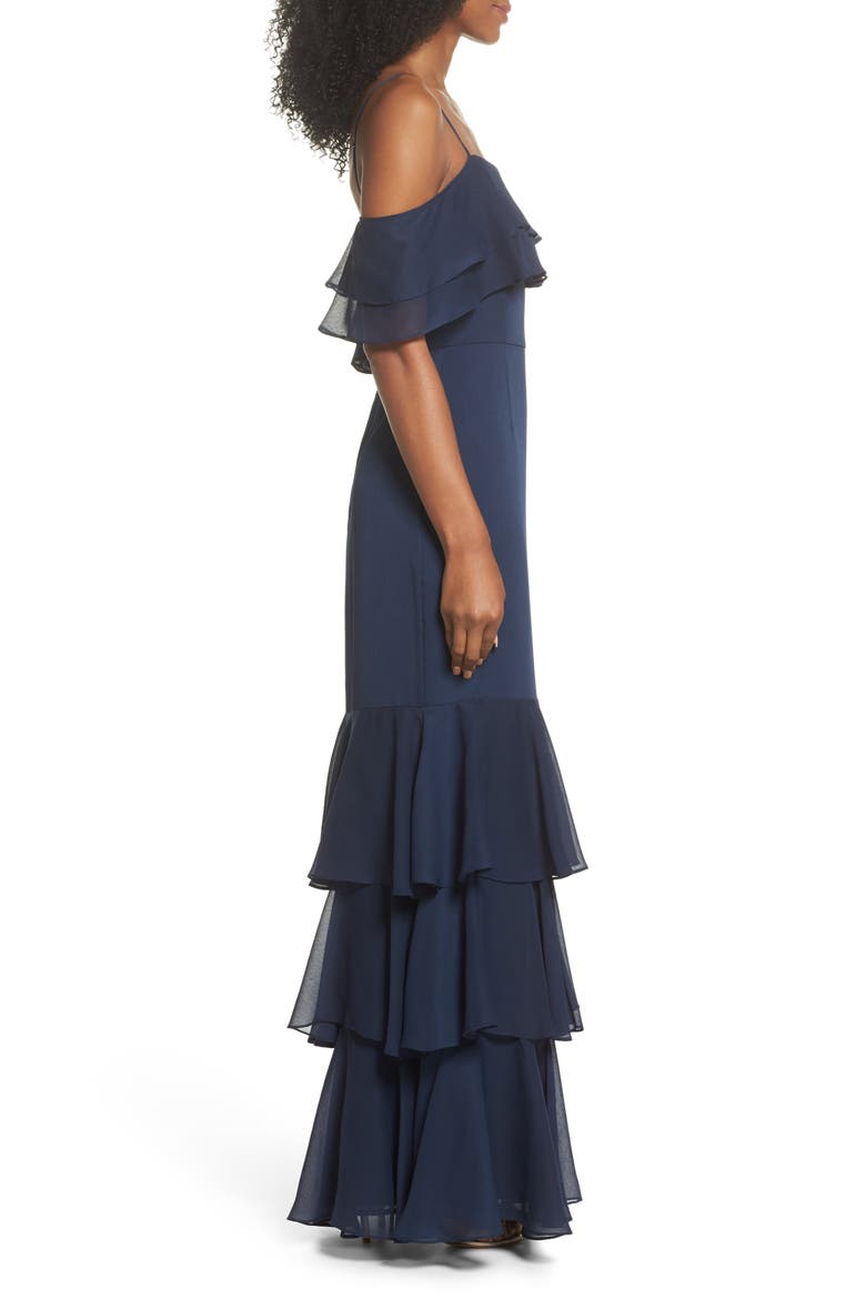 Lauren Cold Shoulder Tiered Gown, Alternate, color, NAVY