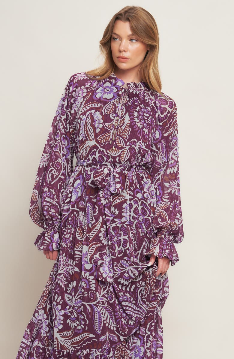 FLYING TOMATO Print Long Sleeve Maxi Dress, Alternate, color, Plum