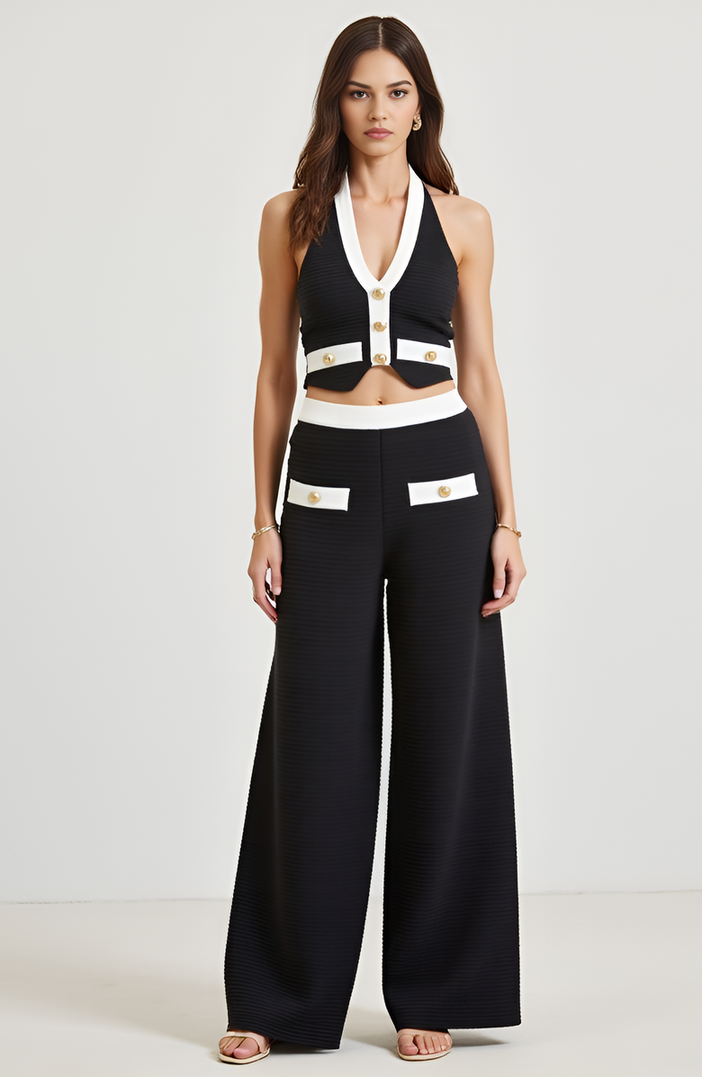 Modenaire Two-Piece Halter Crop Top and Wide-Leg Pant Set, Main, color, Black / White Trim