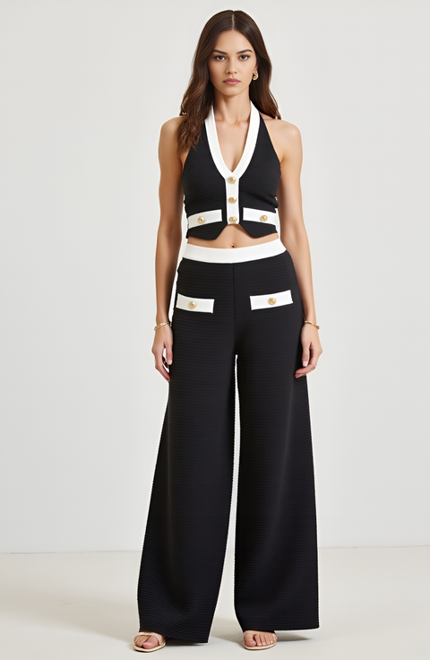 Two-Piece Halter Crop Top and Wide-Leg Pant Set