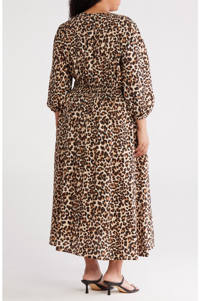 Leopard Smocked Waist Midi Dress, Alternate, color, CHOCOLATE