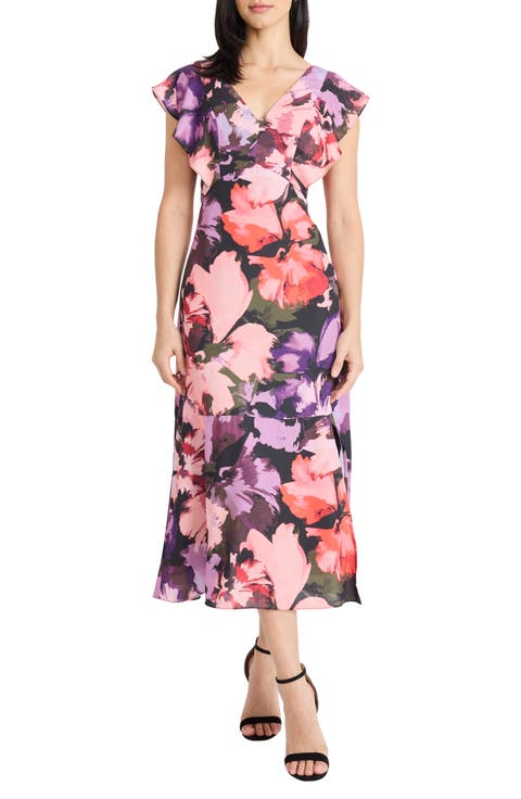 Floral Ruffle Sleeve Midi Dress