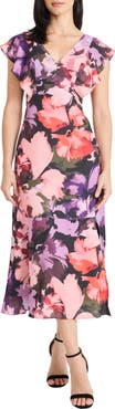 Maggy London Floral Ruffle Sleeve Midi Dress