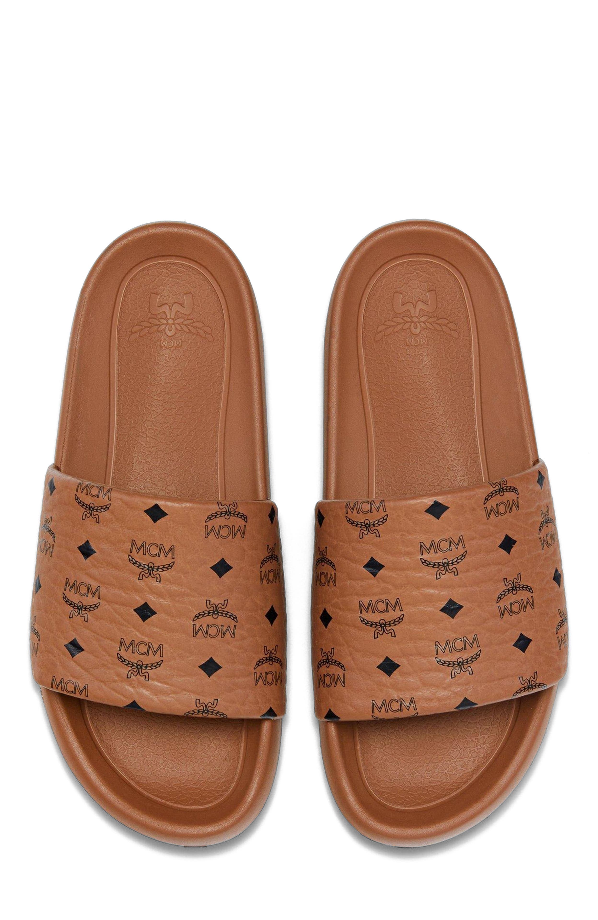 MCM Women's Monogram Print Rubber Slides, Alternate, color, Cognac