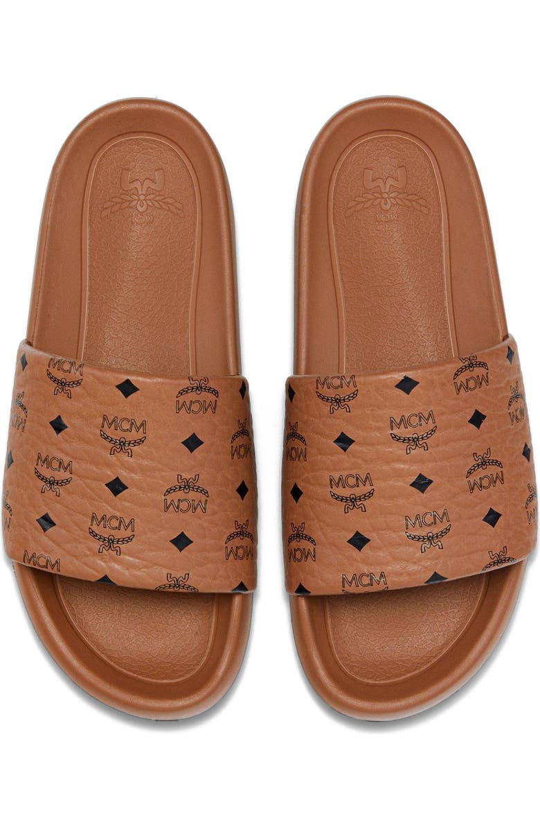 MCM Women's Monogram Print Rubber Slides, Alternate, color, Cognac