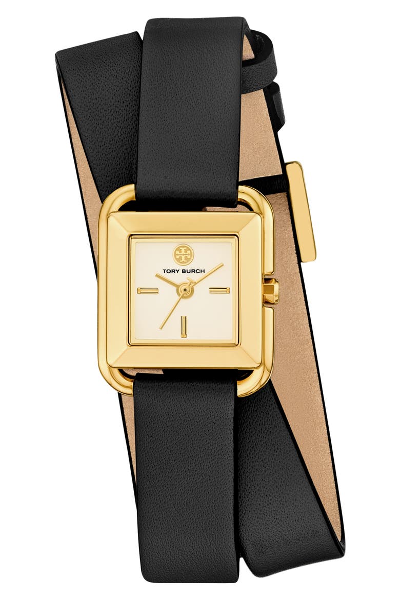 The Small Kira Double Wrap Leather Strap Watch, 18mm, Main, color, BLACK