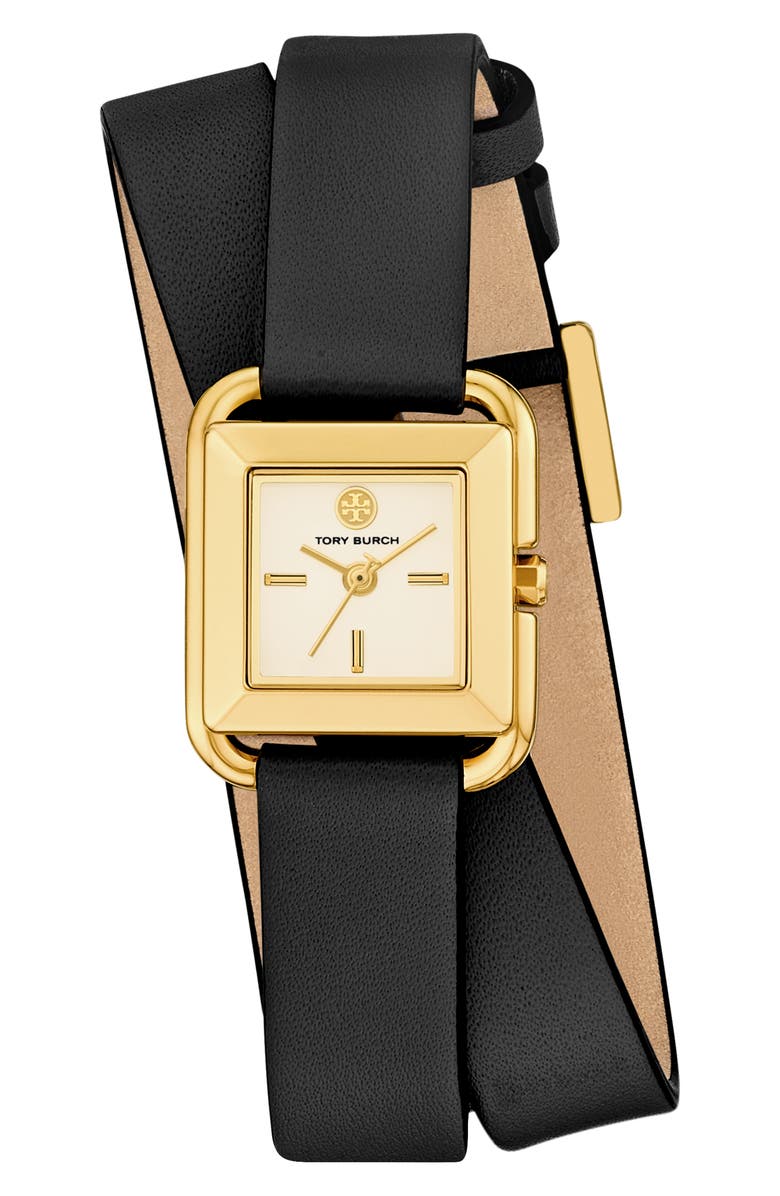 Tory Burch The Small Kira Double Wrap Leather Strap Watch, 18mm, Main, color, Black