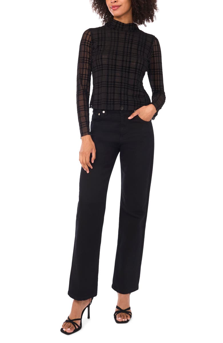 Parker Plaid Mock Neck Long Sleeve Mesh Top, Alternate, color, Rich Black