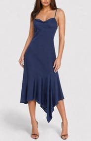 bebe Crushed Satin Handkercheif Hem Dress
