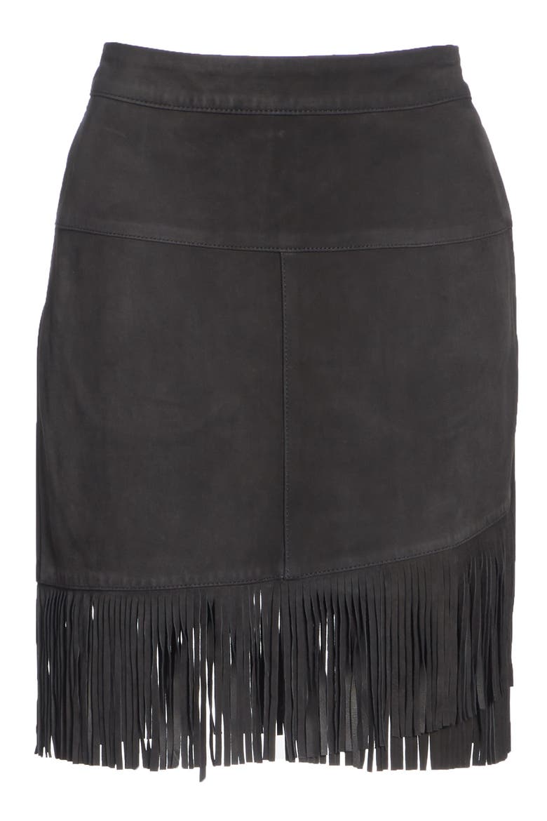 Fringe Hem Leather Skirt, Alternate, color, NOIR