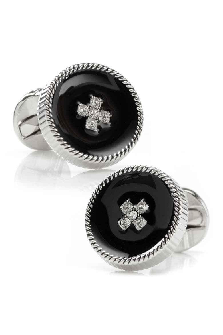Crystal Button Cuff Links, Main, color, BLACK