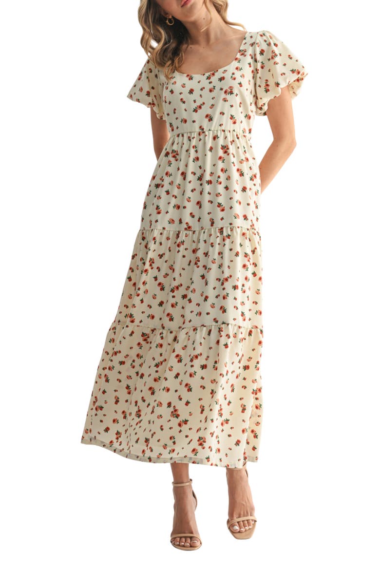 Puff Sleeve Midi Dress, Main, color, CREAM ROSE