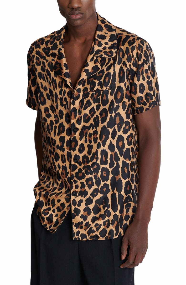 Balmain Leopard Print Silk Pyjama Shirt, Alternate, color, Brown