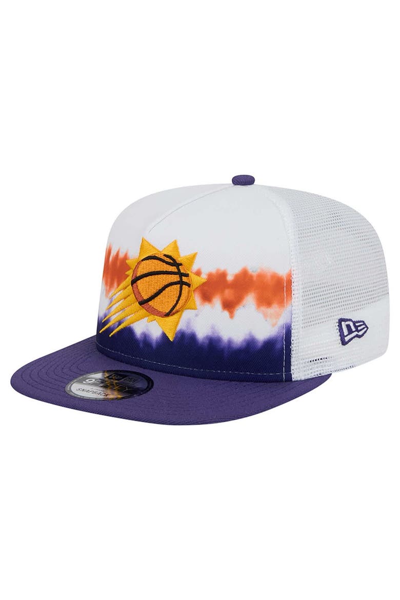 Men's New Era White/Purple Phoenix Suns Dip-Dye 9FIFTY A-Frame Trucker Snapback Hat, Main, color, White