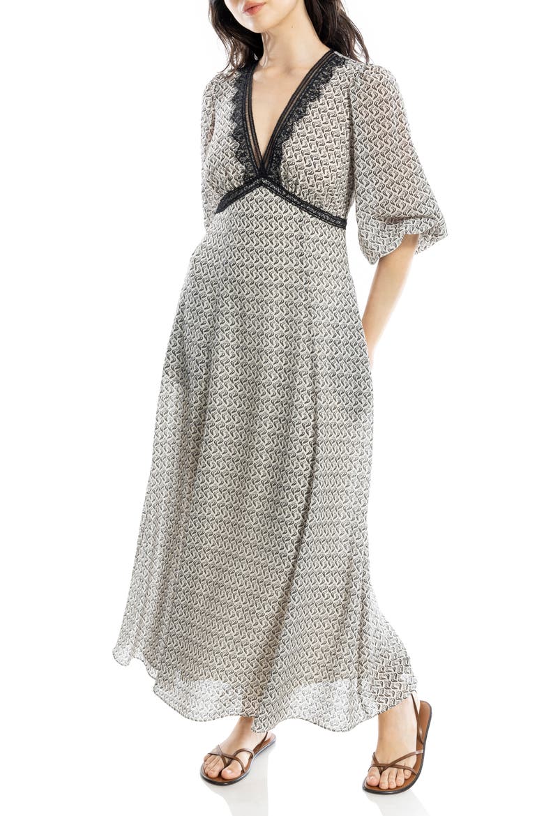 Lace Trim Maxi Dress, Alternate, color, CREAM/ BLACK DANCING BELLS