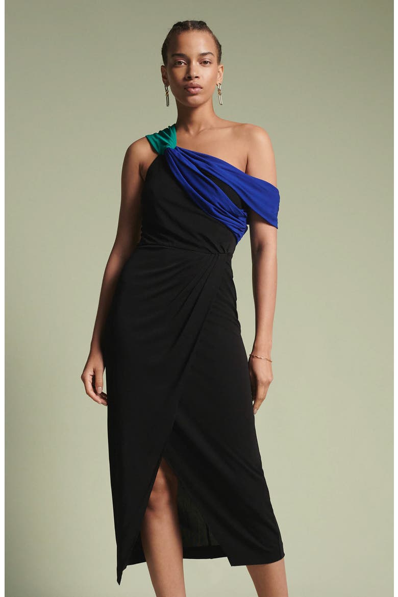 Terin Colorblock One-Shoulder Dress, Alternate, color, BLACK/ROYAL BLUE/EMERALD