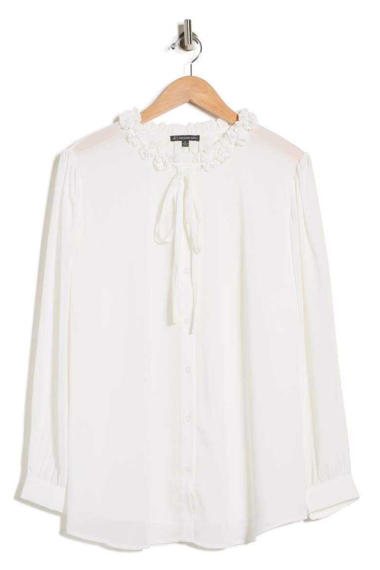 Flower Tie Neck Button-Up Shirt, Alternate, color, IVORY
