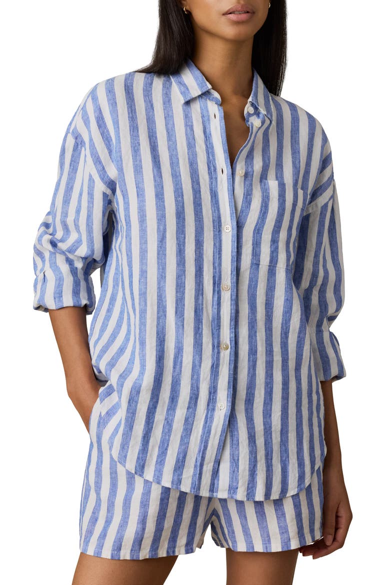 Laguna Linen Button-Up Shirt, Main, color, COASTAL CALM STRIPE