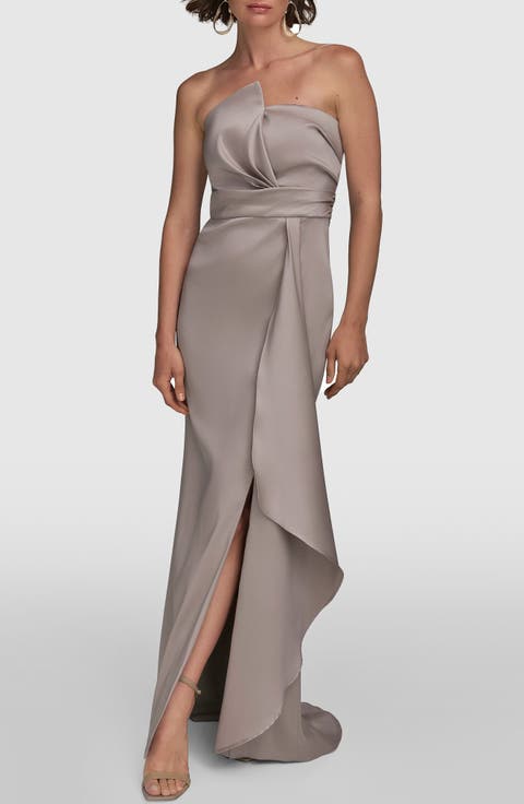 Asymmetric Strapless Satin Gown