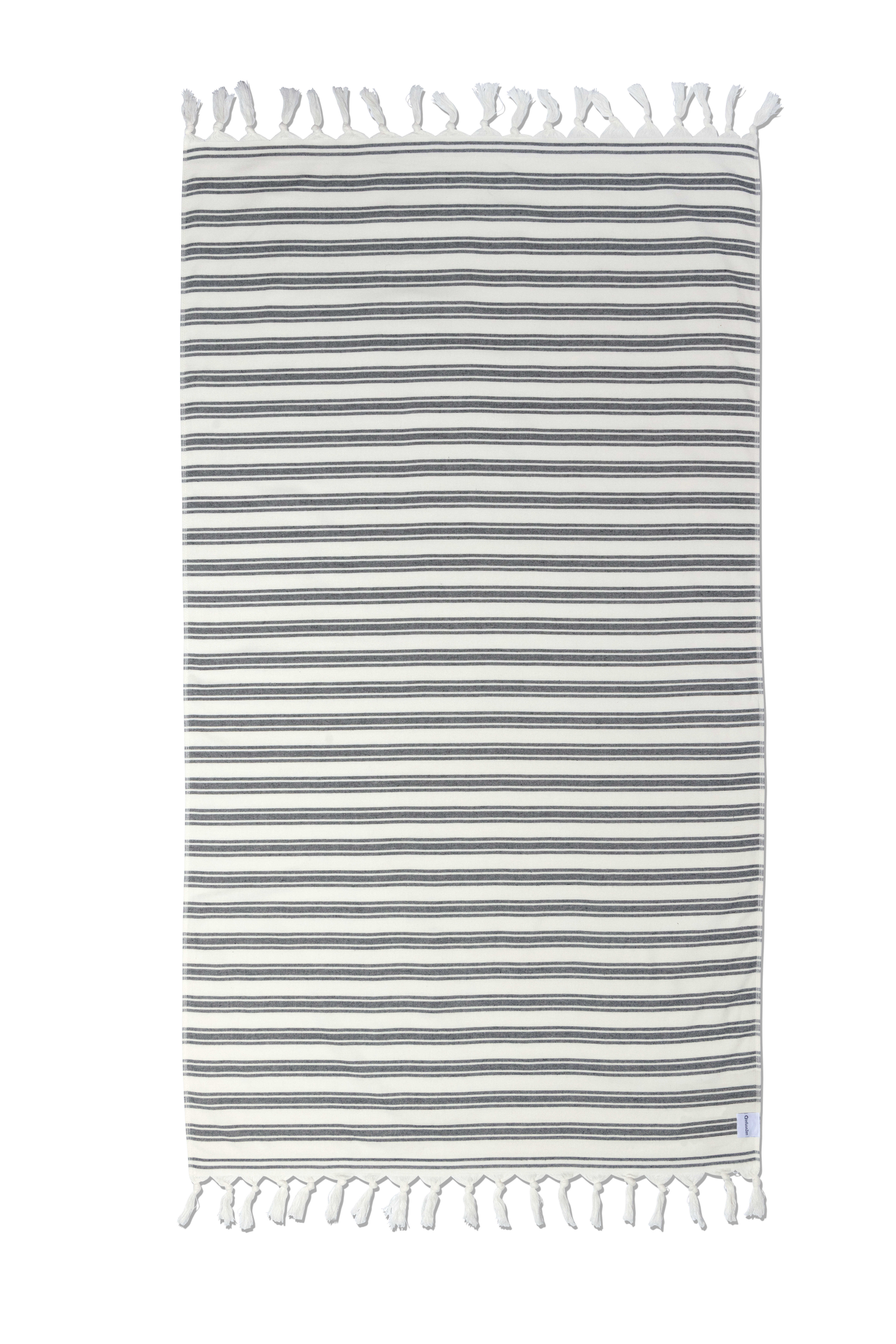 InfuseZen Bask Striped Organic Turkish Towel with Soft Terry Cloth Back in Black 