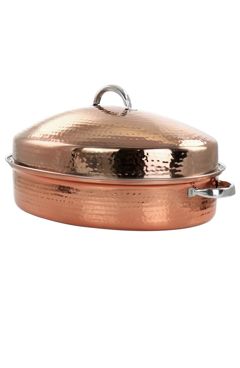 Gibson Home Radiance 17.5 Inch Stainless Steel Copper Plated Oval Roaster with Lid and Roasting Rack, Main, color, Red