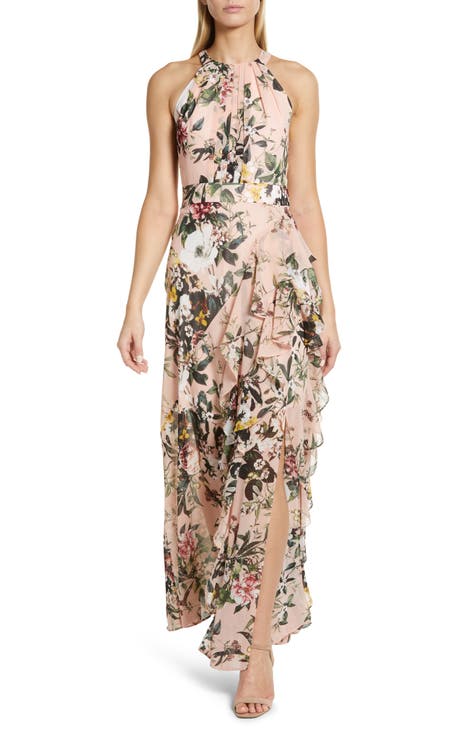 Floral Print Halter Neck Asymmetric Hem Dress