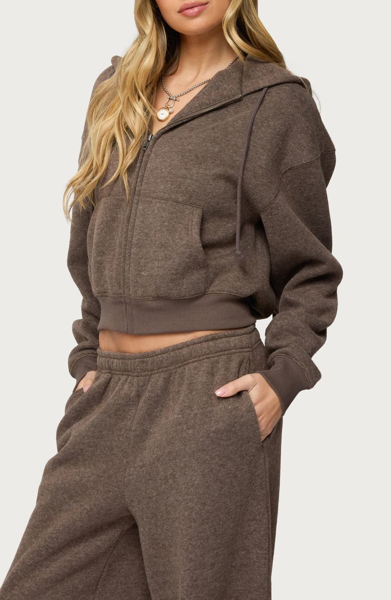 EDIKTED Laulie Crop Zip Hoodie, Alternate, color, Brown