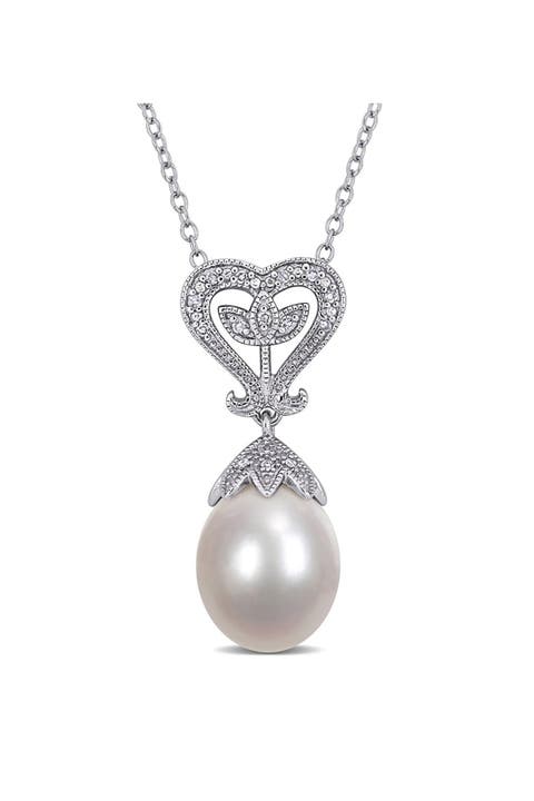Diamond & Cultured Freshwater Pearl Heart Pendant Necklace - 0.06ct.