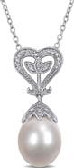 DELMAR Diamond & Cultured Freshwater Pearl Heart Pendant Necklace - 0.06ct.