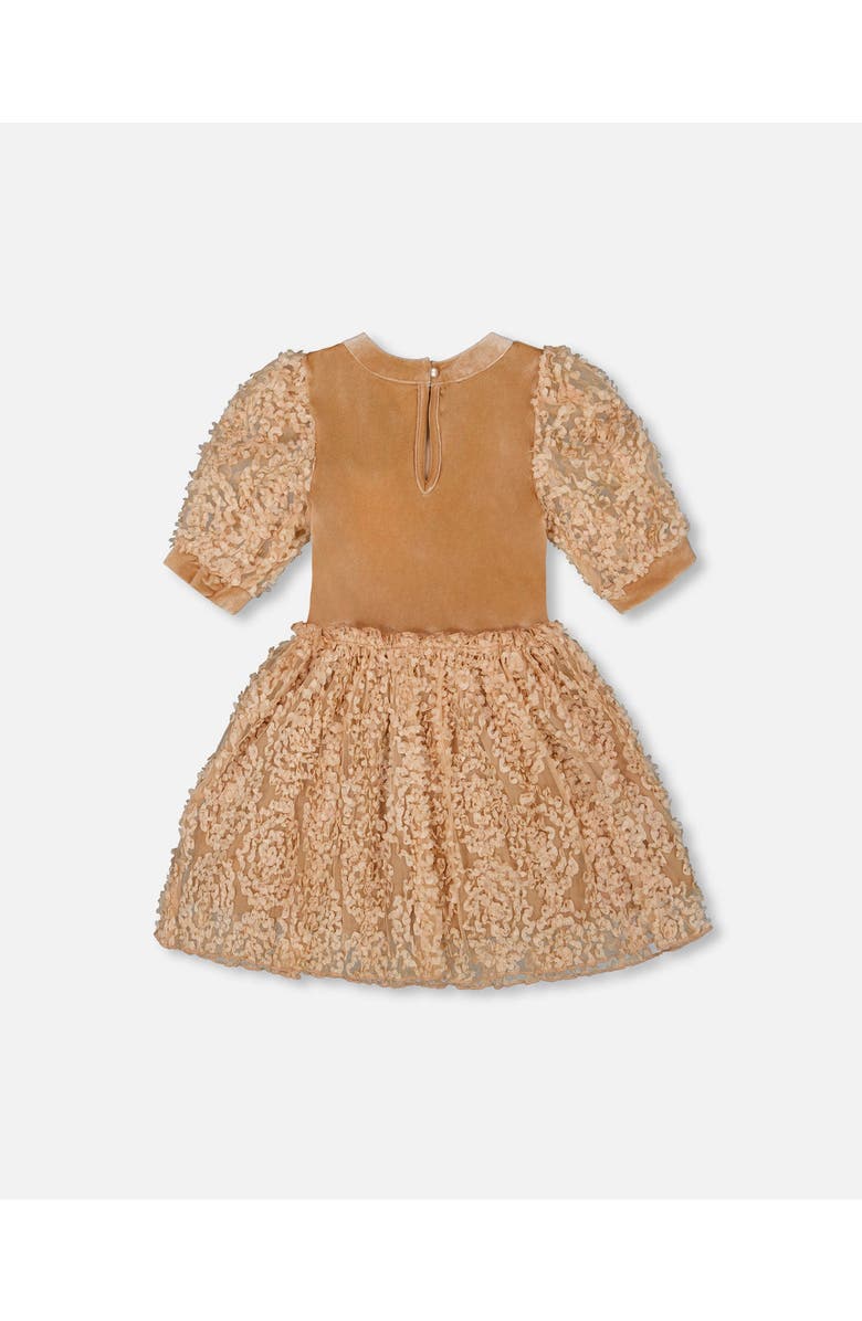 Deux par Deux Puff Sleeve Bi-Material Velour and Lace Dress, Main, color, Light Caramel