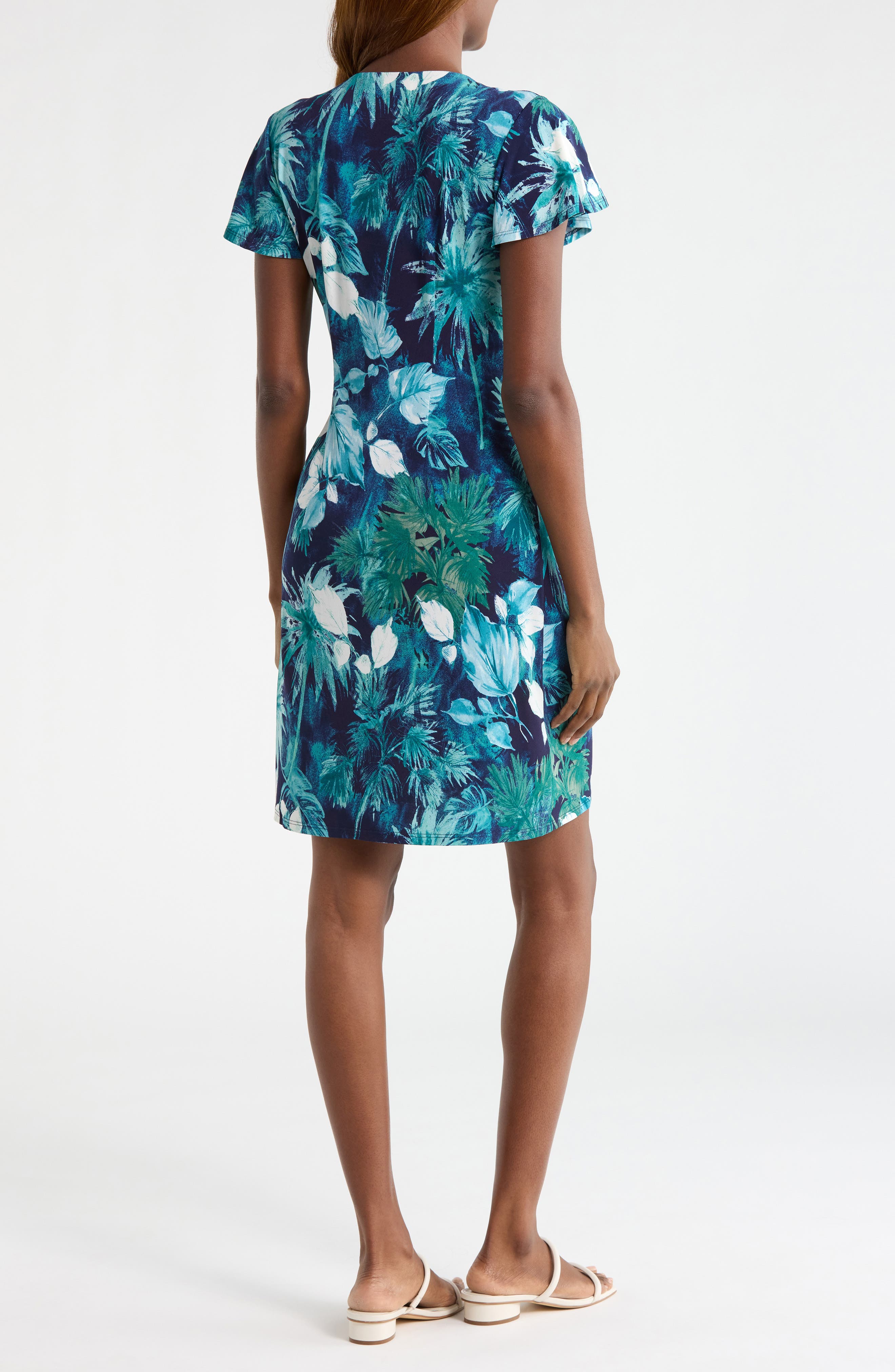 Sophia Serene Palms Flutter Sleeve Faux Wrap Dress - image 2