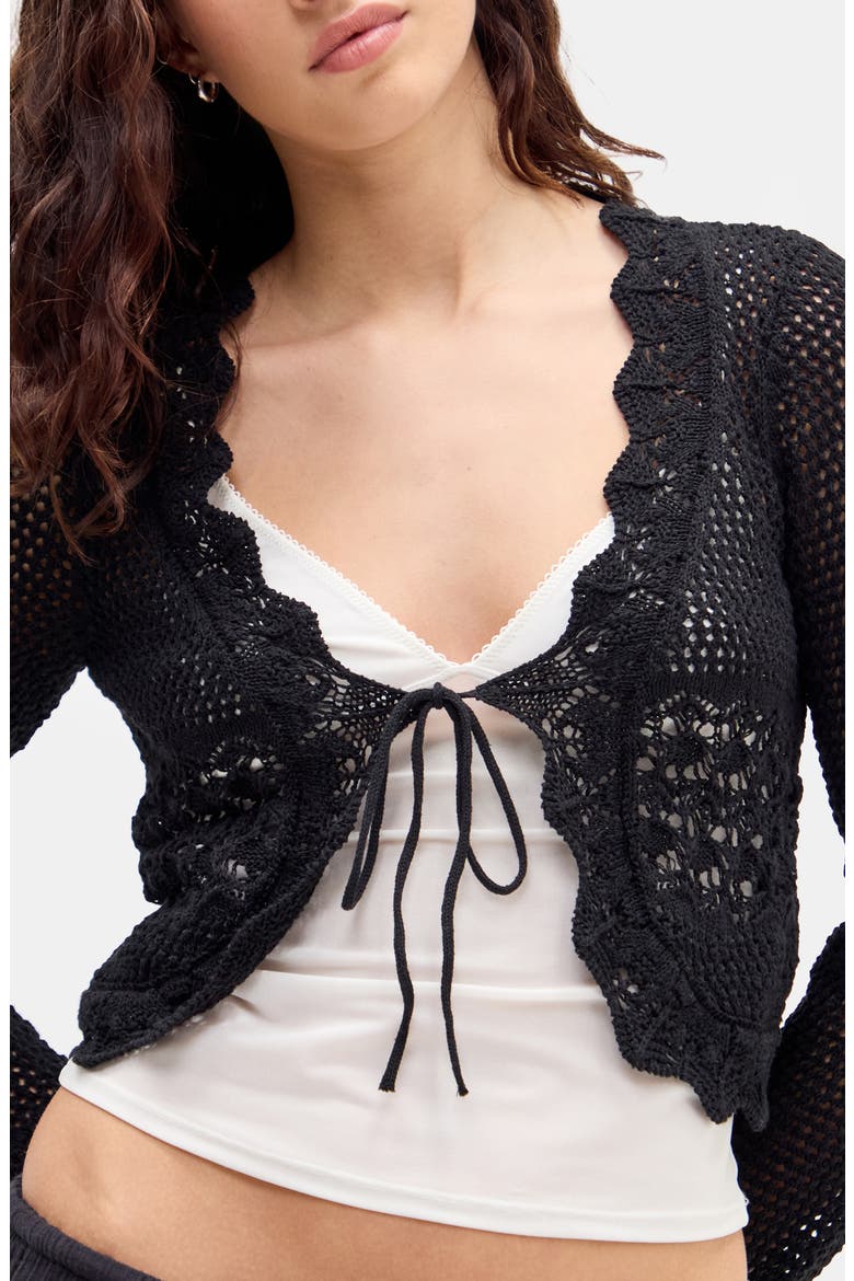 Open Stitch Tie Front Cardigan, Alternate, color, BLACK