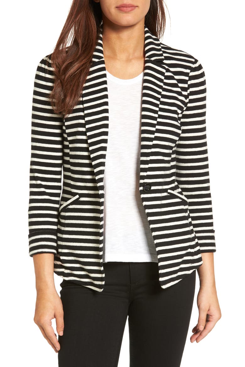 Knit One-Button Blazer, Main, color, BLACK- IVORY STRIPE