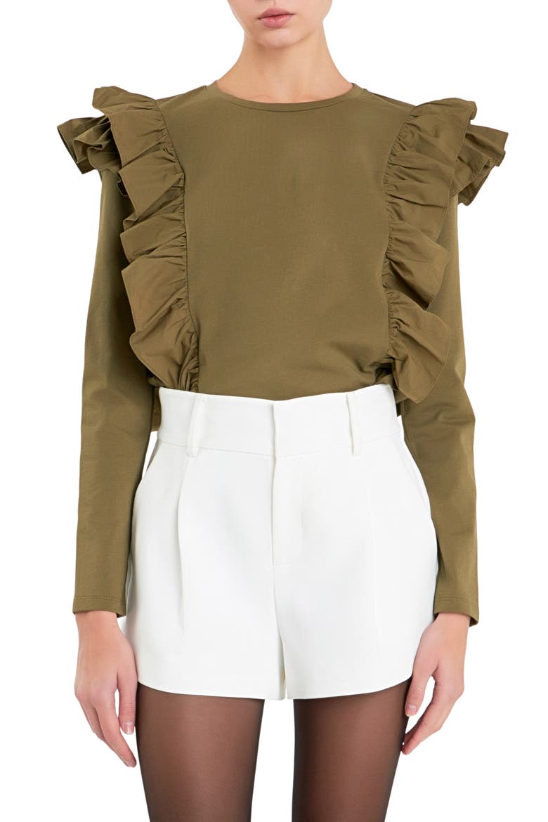 Poplin Ruffle Trim Shirt, Main, color, OLIVE