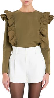 English Factory Poplin Ruffle Trim Shirt
