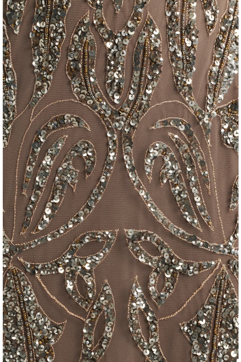 Beaded Mesh Midi Cocktail Dress, Alternate, color, MOCHA