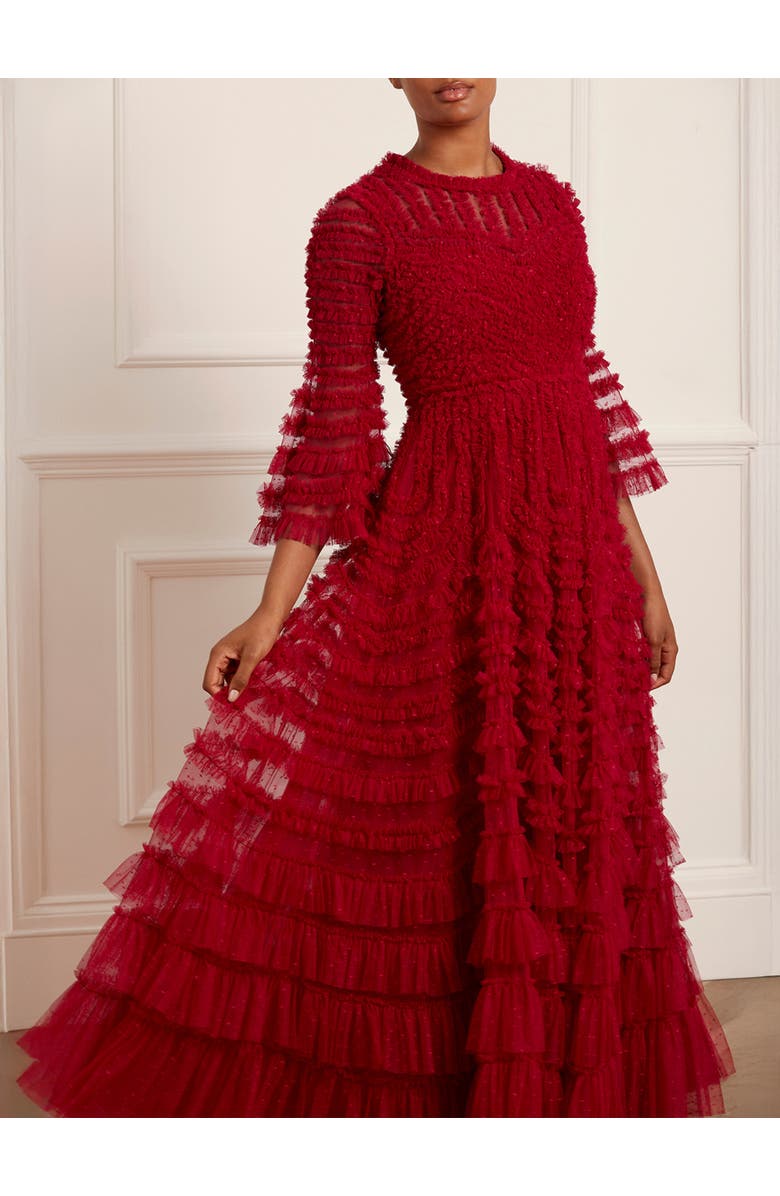 Needle & Thread La Vie En Rose Round Neck Gown, Alternate, color, Deep Red