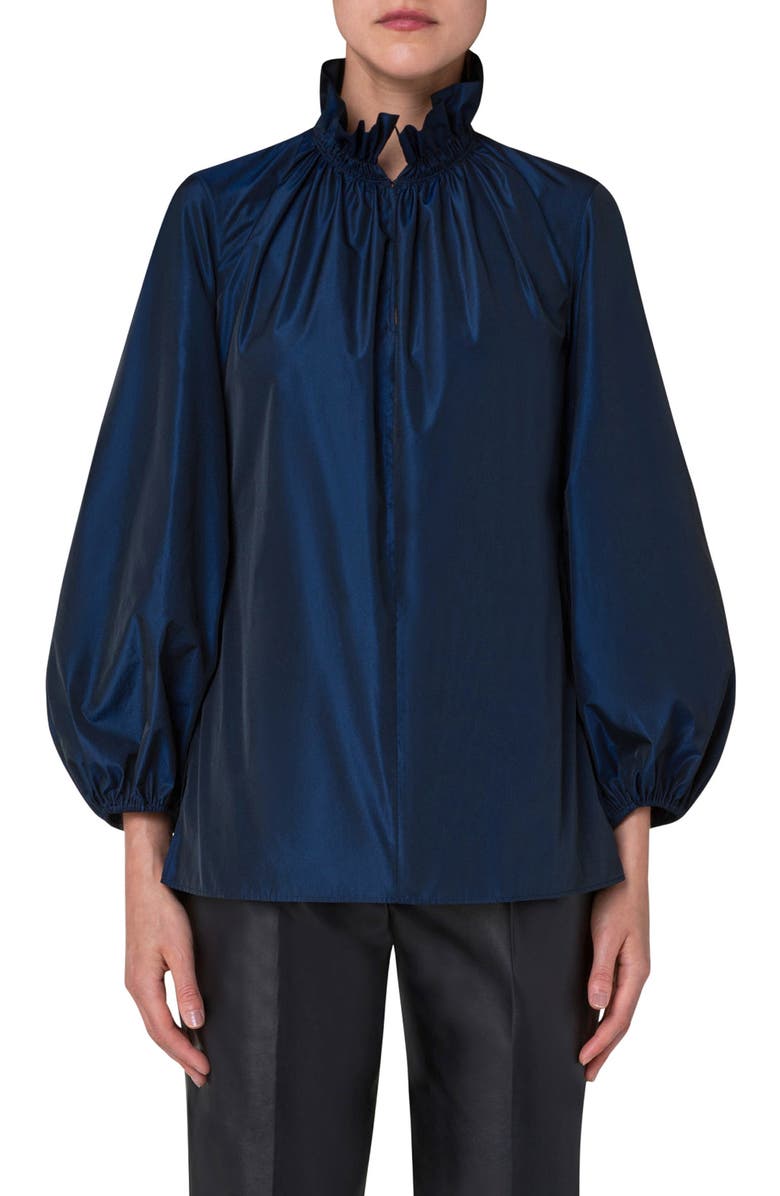 Akris punto Ruffle Neck Taffeta Blouse, Main, color, Navy