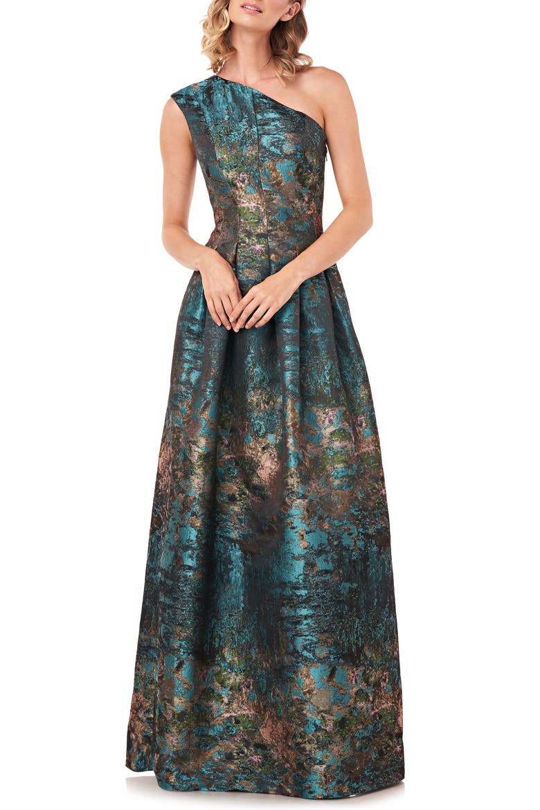 Cara Metallic Jacquard One-Shoulder Gown, Main, color, TEAL MULTI