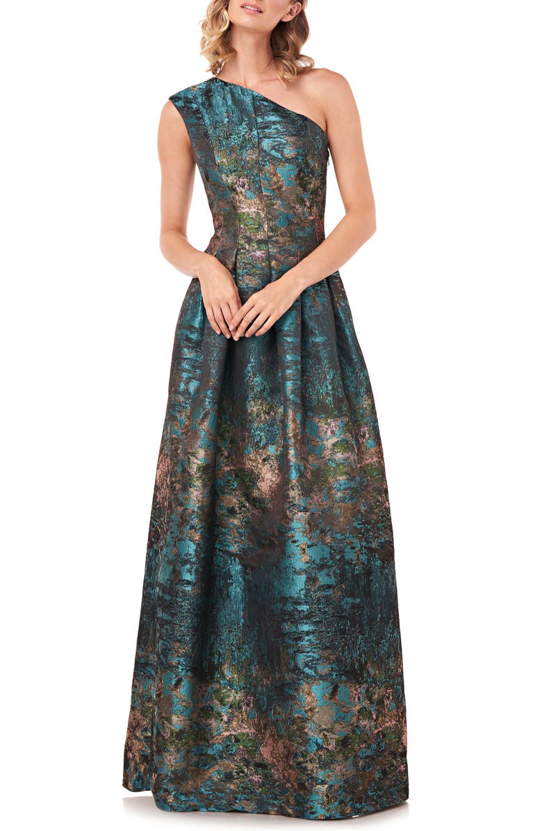 Kay Unger Cara Metallic Jacquard One-Shoulder Gown, Main, color,