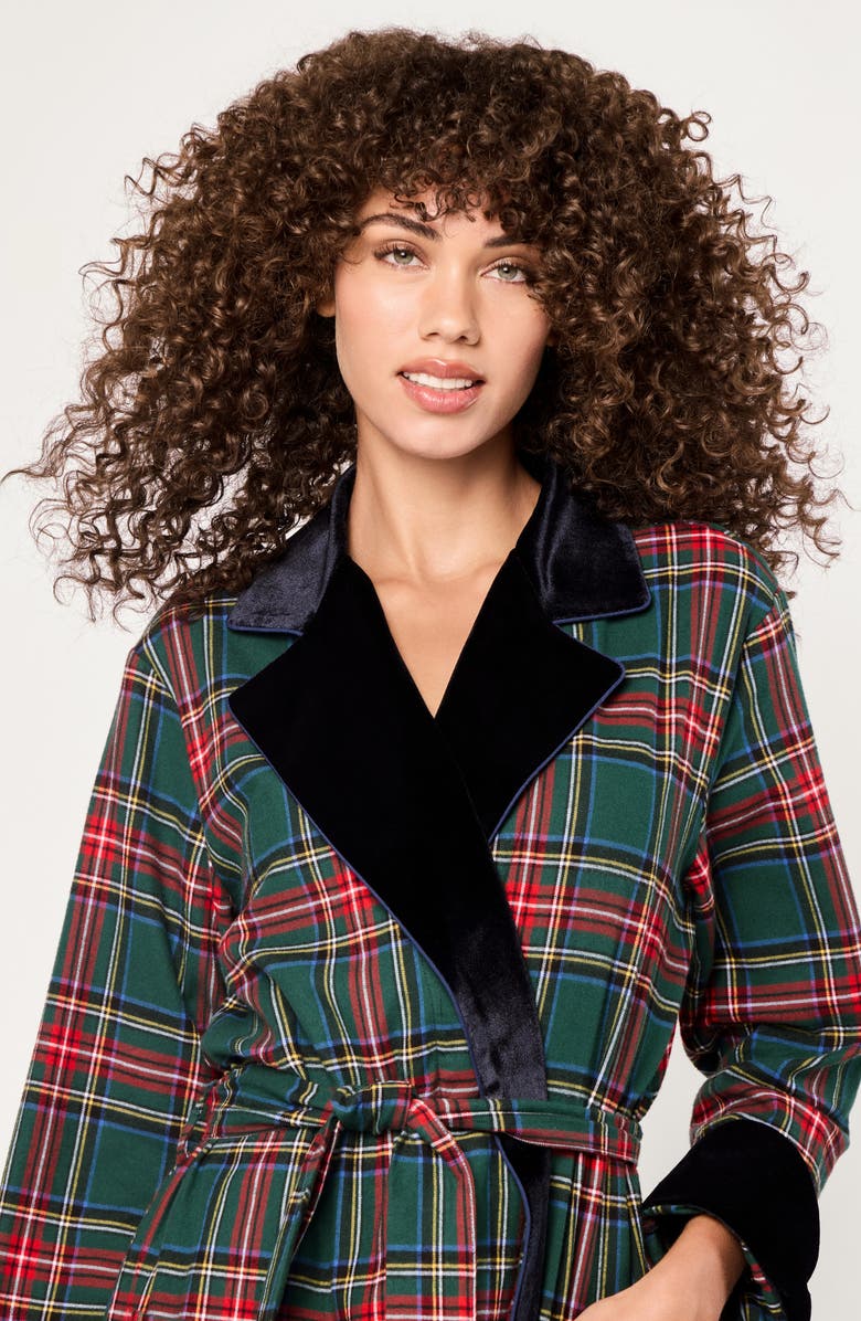 Petite Plume Kensington Tartan Cotton Twill Robe, Alternate, color, Green