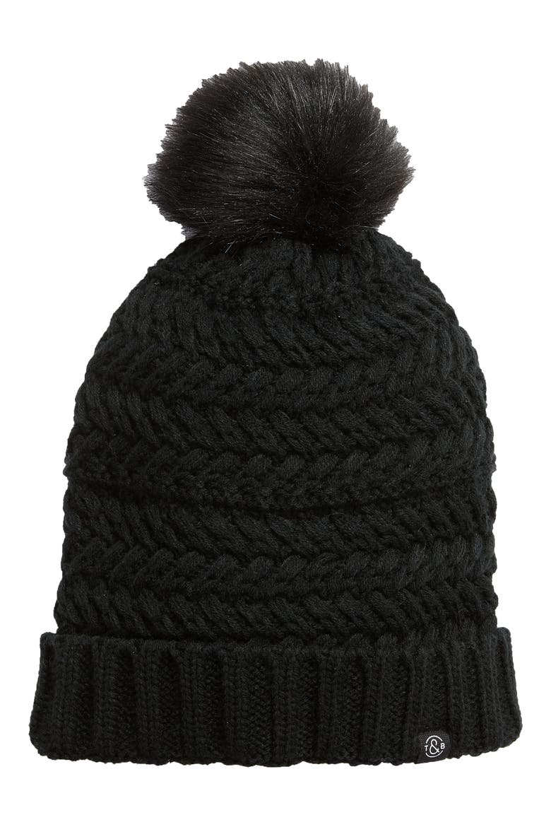 Cable Knit Beanie with Faux Fur Pom, Main, color, BLACK