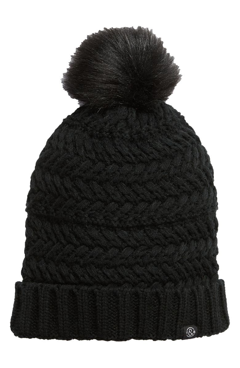 Treasure & Bond Cable Knit Beanie with Faux Fur Pom, Main, color,