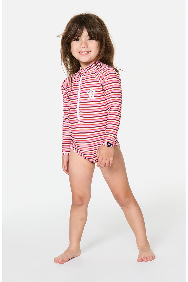 Kids' Sunset Stripe Long Sleeve Rashguard One-Piece Swimsuit, Alternate, color, PINK MULTI